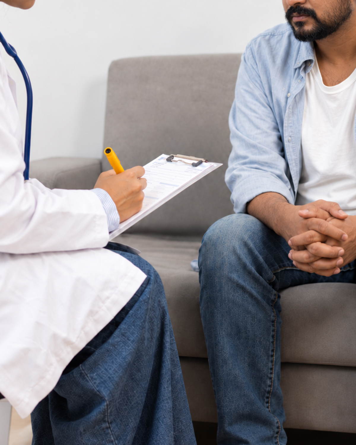 A doctor taking notes while talking with a patient in a consultation